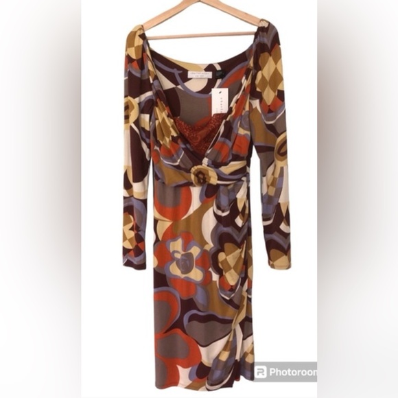 Charles Nolan Dress, Browns & Oranges, Wrap, Ruckering Side, Long Sleeved, Sz 4 - Picture 2 of 16
